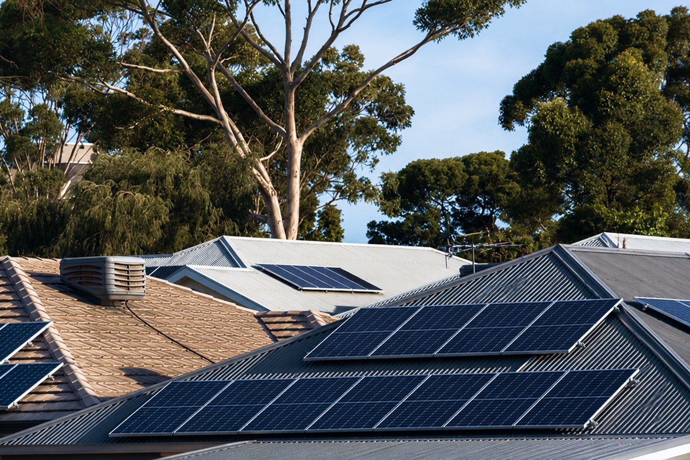 Australian suburban rooftops fitted with solar panels at different tilts and orientations, framed by gum trees under a clear blue sky