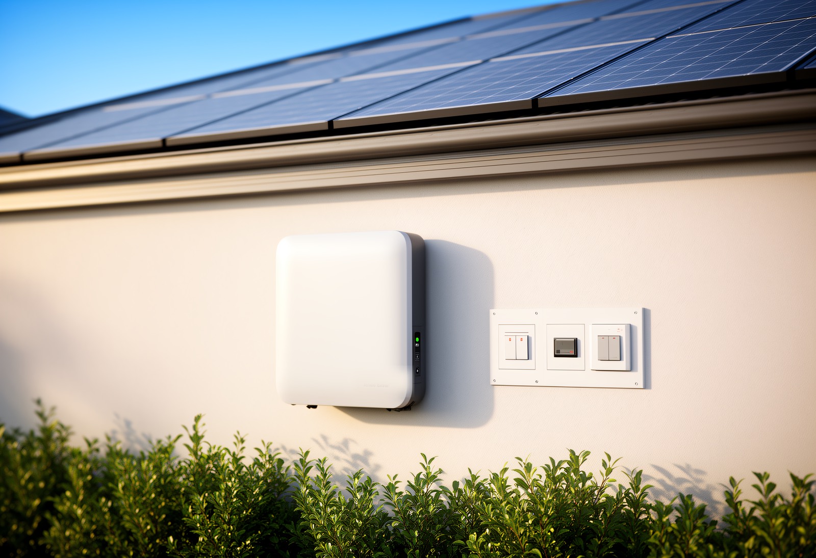 A home battery mounted on a garage wall next to a solar inverter