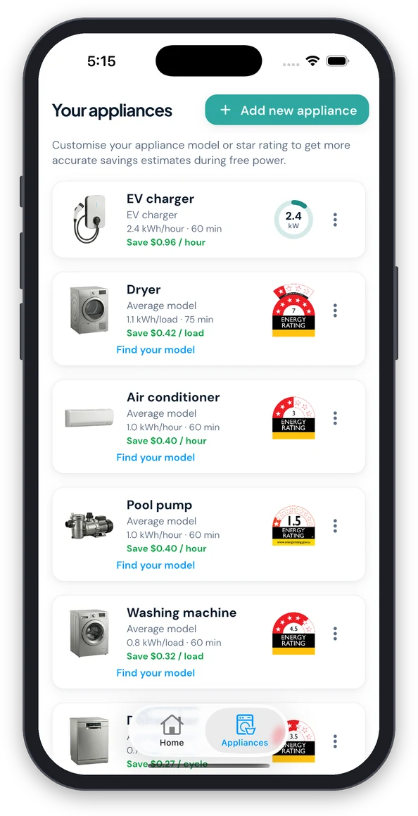 Power Saver: Solar Sharer App appliances screen listing an EV charger, dryer, air conditioner, pool pump and washing machine with their Energy Rating star labels, energy per load and estimated saving